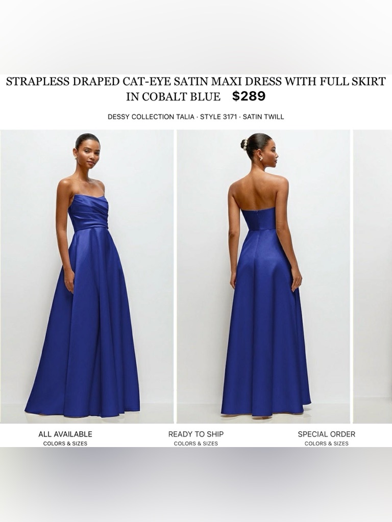 Dessy Collection Strapless Cobalt Blue Satin Maxi Dress